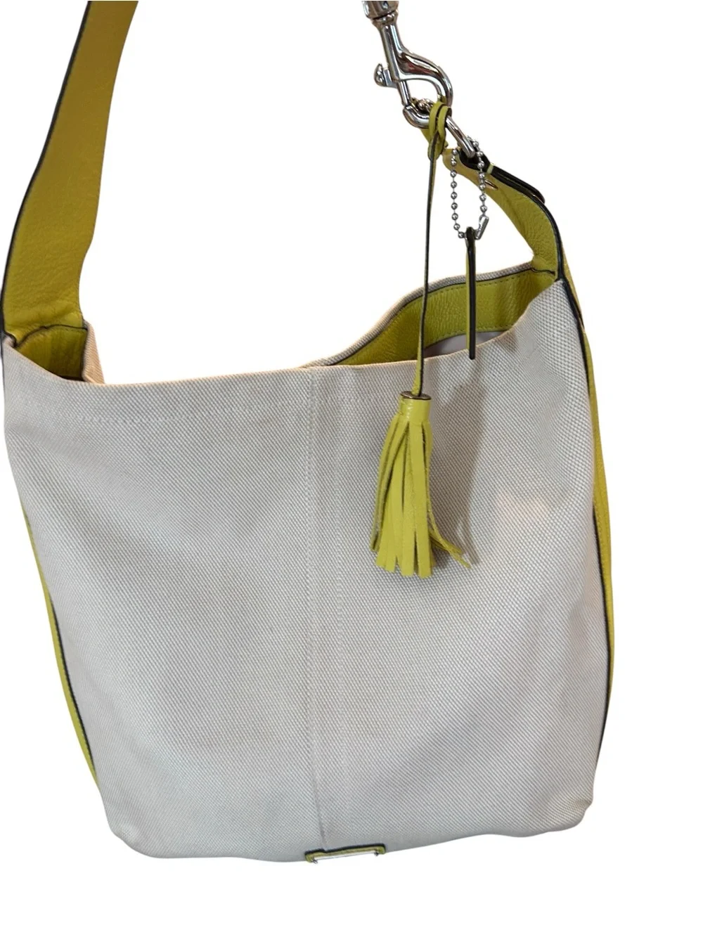 Coach Avery hobo natural canvas & chartreuse pebbled leather handbag